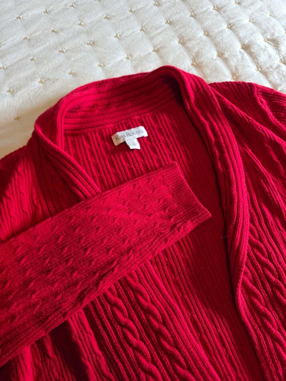 Kim Rogers Women's Red Cable Knit Open Front Cardigan Sweater